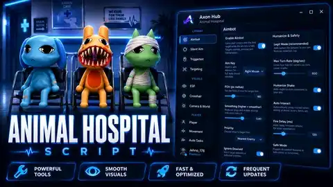 Скриншот меню скрипта Axon Hub — авто-работа, авто-лечение и детектор Skinwalker — Больница для животных